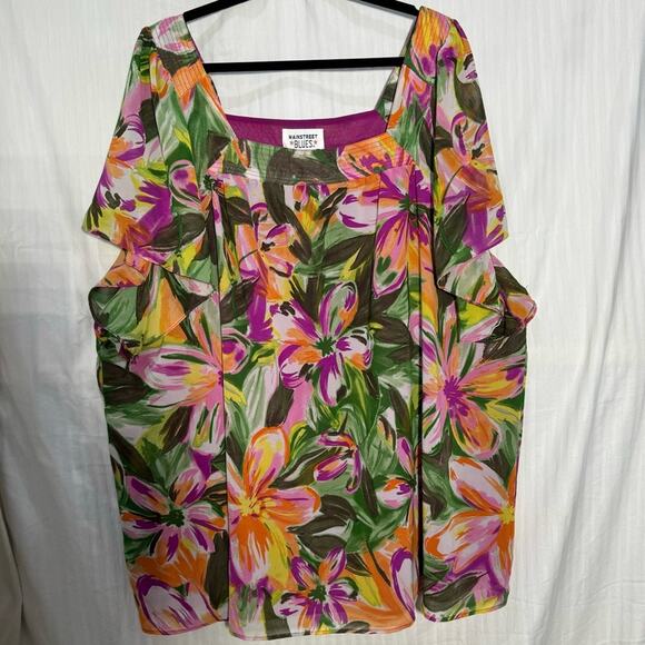 Mainstreet Blues Blouse Women’s Plus Size 4X Flutter Sleeves Tropical Florals - Picture 1 of 5